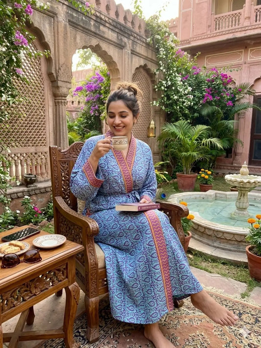 Recycle Silk Sari Women Kimono | Boho Chic Beach Cover Up Vintage Lounge Dressing Robe l Resort Wear Regal Gypsy House Robe | Blue Floral