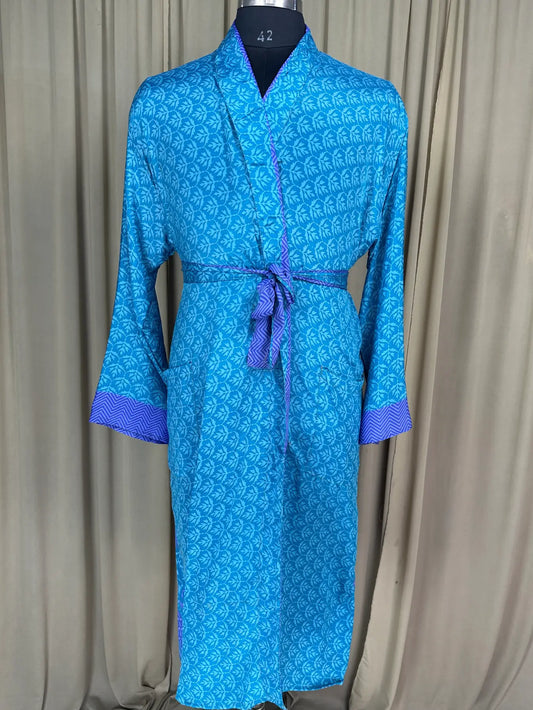 Silky Soft Men’s Kimono Robe | Masculine Elegant Classic Sustainable Vintage House Robe gift, Timeless Comfy Lounge Beach Wear Blue Floral