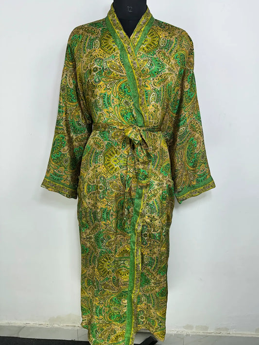 Recycle Silk Sari Women Kimono | Boho Chic Robe House | Beach Cover Up Vintage Bridesmaid Lounge Dressing Gown l Resort Wear Gypsy Nightwear