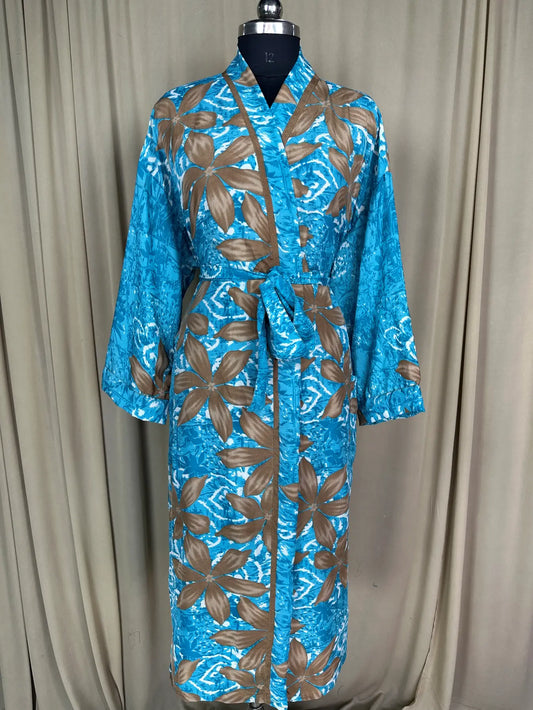 Recycle Silk Sari Women Kimono | Boho Chic Beach Cover Up Vintage Lounge Dressing Robe l Resort Wear Regal Gypsy House Robe | Blue Floral