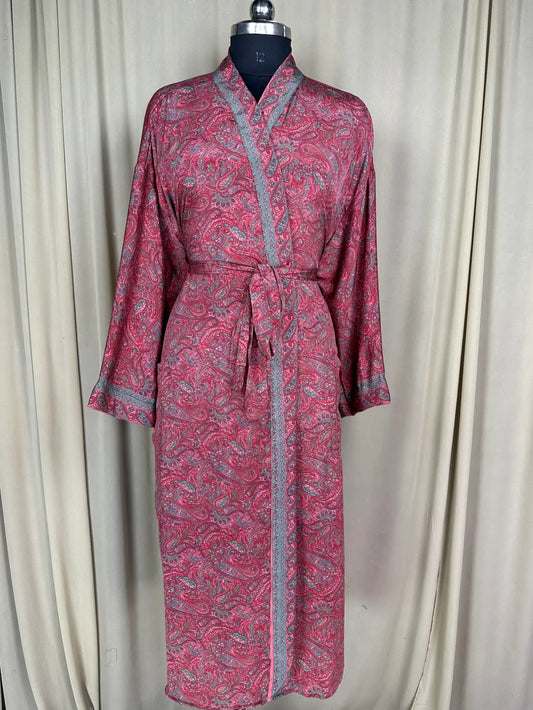 Recycle Silk Sari Women Kimono | Boho Chic Beach Cover Up Vintage Lounge Dressing Robe l Resort Wear Regal Gypsy House Robe | Red Paisley