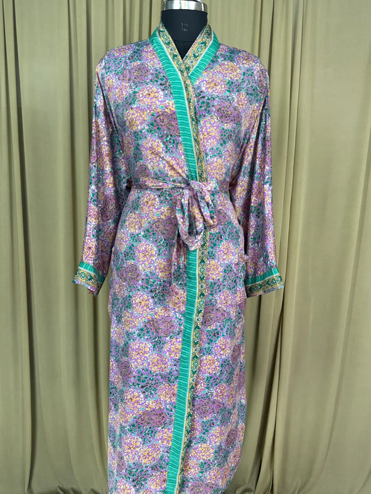 Recycle Silk Sari Women Kimono | Boho Chic Beach Cover Up Vintage Lounge Dressing Robe l Resort Wear Regal Gypsy House Robe | Blue Floral