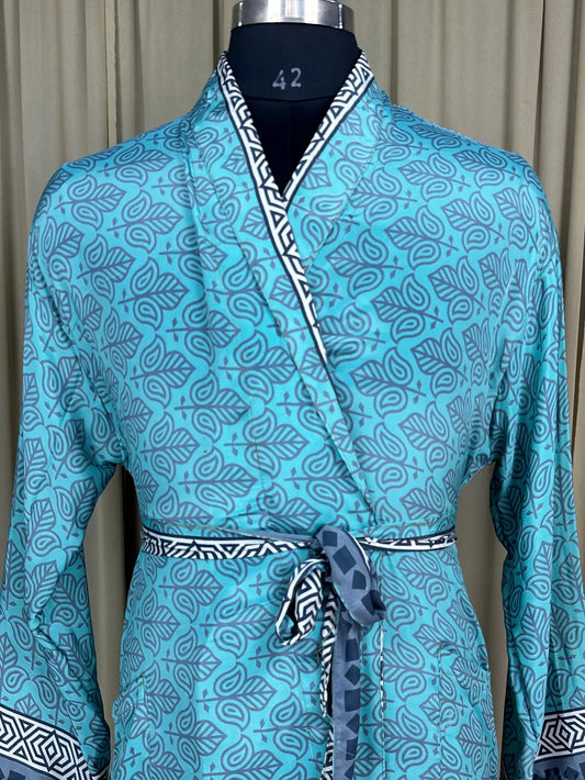 Silky Soft Men’s Kimono Robe | Masculine Elegant Classic Sustainable Vintage House Robe gift, Timeless Comfy Lounge Beach Wear Blue Floral