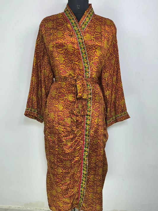 Recycle Silk Sari Women Kimono | Boho Chic Robe House | Beach Cover Up Vintage Bridesmaid Lounge Dressing Gown l Resort Wear Gypsy Nightwear