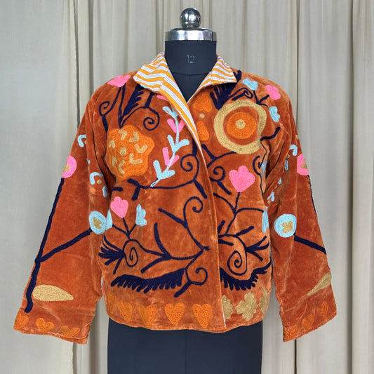 Boho Hand Embroidered Velvet Suzani Jacket, Brwon Floral Open Front Coat Winter Wear Free Size Robe Retro Chic Free Size Robe Blazer for Her