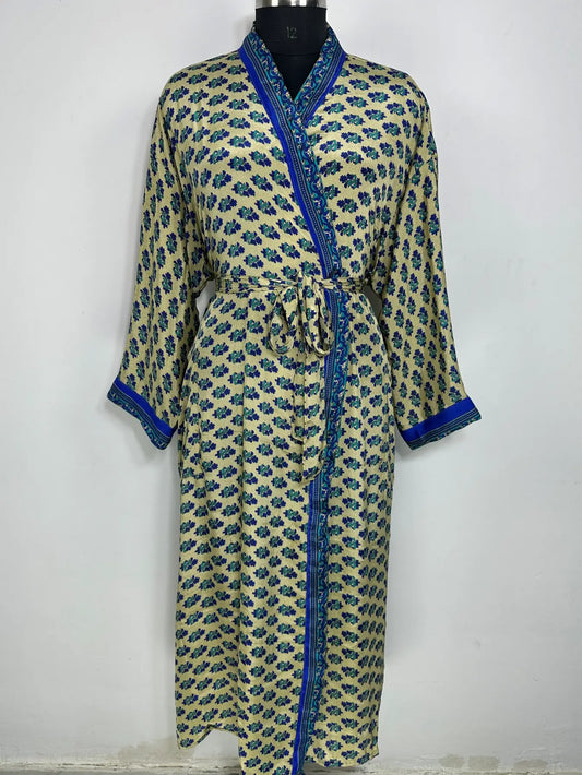 Recycle Silk Sari Women Kimono | Boho Chic Robe House | Beach Cover Up Vintage Bridesmaid Lounge Dressing Gown l Resort Wear Gypsy Nightwear