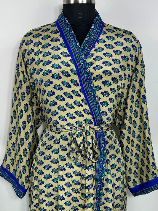 Recycle Silk Sari Women Kimono | Boho Chic Robe House | Beach Cover Up Vintage Bridesmaid Lounge Dressing Gown l Resort Wear Gypsy Nightwear