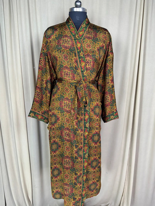 Recycle Silk Sari Women Kimono | Boho Chic Beach Cover Up Vintage Lounge Dressing Robe l Resort Wear Regal Gypsy House Robe | Yellow Floral