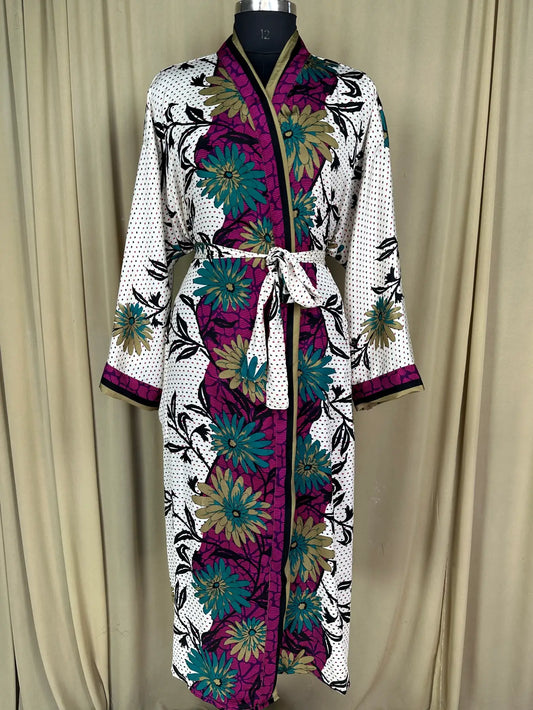 Recycle Silk Sari Women Kimono | Boho Chic Beach Cover Up Vintage Lounge Dressing Robe l Resort Wear Regal Gypsy House Robe | White Floral