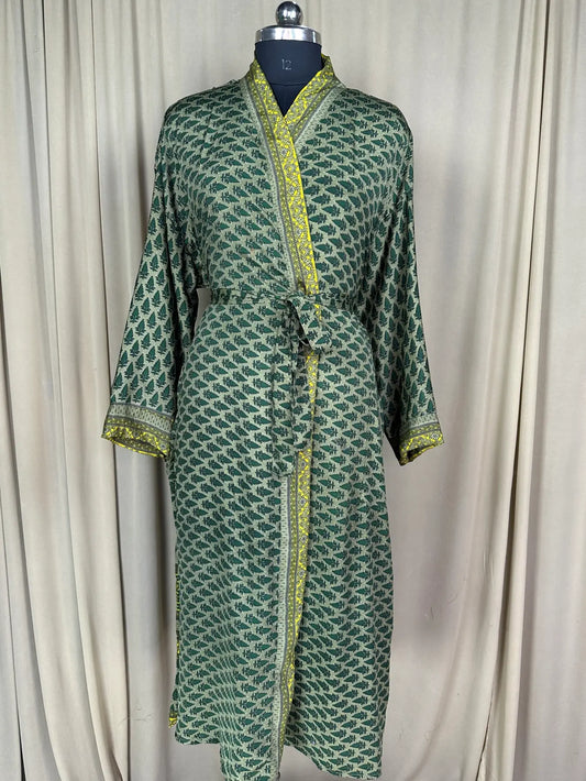 Recycle Silk Sari Women Kimono | Boho Chic Beach Cover Up Vintage Lounge Dressing Robe l Resort Wear Regal Gypsy House Robe | Green Floral