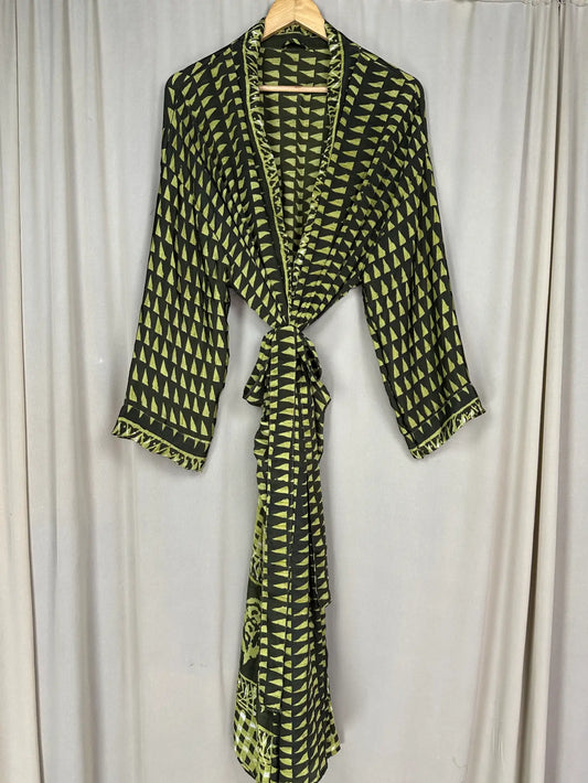 Recycle Silk Sari Women Kimono | Boho Chic Beach Cover Up Vintage Lounge Dressing Robe l Resort Wear Regal Gypsy House Robe, Green Geometric