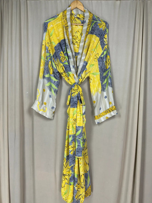 Recycle Silk Sari Women Kimono | Boho Chic Beach Cover Up Vintage Lounge Dressing Robe l Resort Wear Regal Gypsy House Robe | Yellow Floral