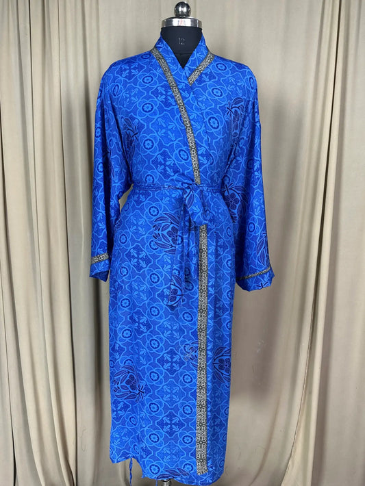 Recycle Silk Sari Women Kimono | Boho Chic Beach Cover Up Vintage Lounge Dressing Robe l Resort Wear Regal Gypsy House Robe | Blue Floral