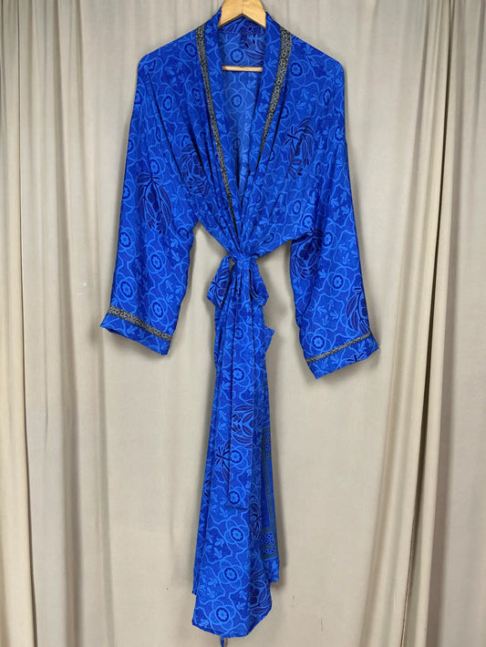 Recycle Silk Sari Women Kimono | Boho Chic Beach Cover Up Vintage Lounge Dressing Robe l Resort Wear Regal Gypsy House Robe | Blue Floral