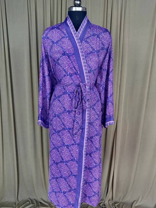 Recycle Silk Sari Women Kimono, Boho Chic Beach Cover Up Vintage Lounge Dressing Robe l Resort Wear Regal Gypsy House Robe, Purple Geometric