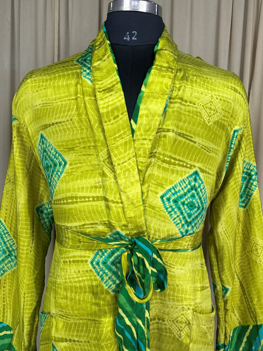 Silky Soft Men’s Kimono Robe Masculine Elegant Classic Sustainable Vintage House Robe gift, Timeless Comfy Lounge Beach Wear Green Geometric