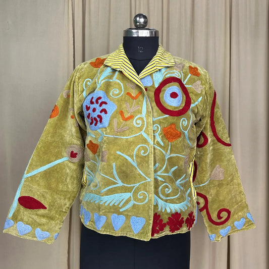 Boho Hand Embroidered Velvet Suzani Jacket, Green Floral Open Front Coat Winter Wear Free Size Robe Retro Chic Free Size Robe Blazer for Her