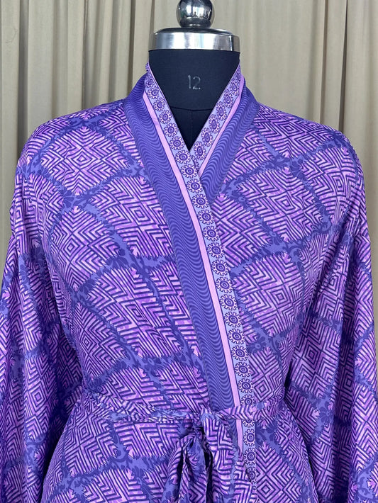Recycle Silk Sari Women Kimono, Boho Chic Beach Cover Up Vintage Lounge Dressing Robe l Resort Wear Regal Gypsy House Robe, Purple Geometric