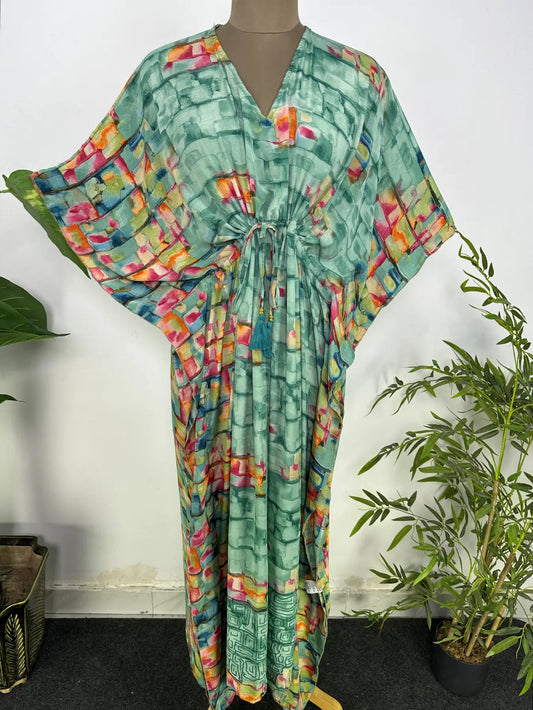 Women Loose Fit Midi Dress - Gift for Her | Kaftan Dress Boho Beach Cover Up, Recycle Silky Soft Women Clothing, Oversize Resort Wear Caftan