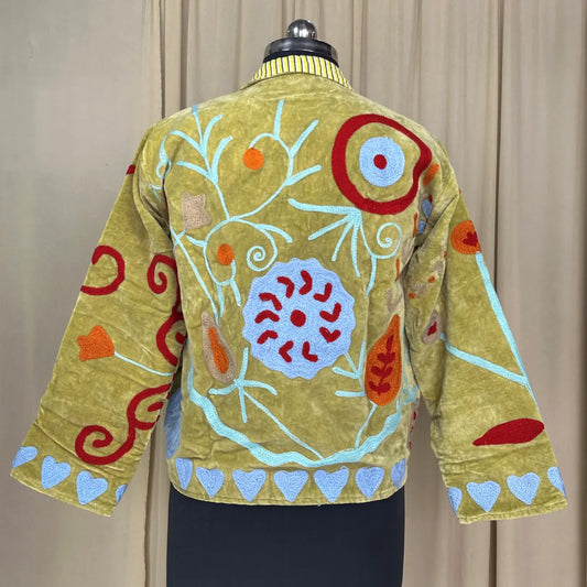 Boho Hand Embroidered Velvet Suzani Jacket, Green Floral Open Front Coat Winter Wear Free Size Robe Retro Chic Free Size Robe Blazer for Her