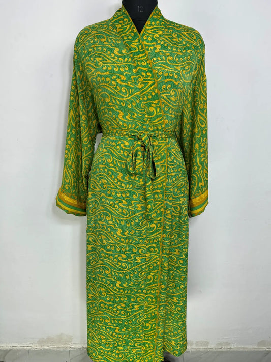 Recycle Silk Sari Women Kimono | Boho Chic Robe House | Beach Cover Up Vintage Bridesmaid Lounge Dressing Gown l Resort Wear Gypsy Nightwear