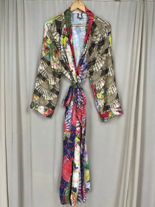 Recycle Silk Sari Women Kimono | Boho Chic Beach Cover Up Vintage Lounge Dressing Robe l Resort Wear Regal Gypsy House Robe | Beige Floral