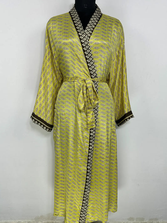 Recycle Silk Sari Women Kimono | Boho Chic Robe House | Beach Cover Up Vintage Bridesmaid Lounge Dressing Gown l Resort Wear Gypsy Nightwear