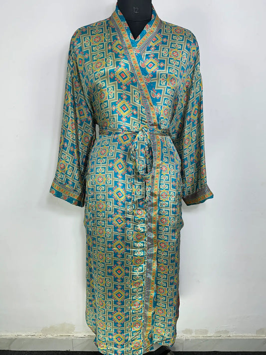 Recycle Silk Sari Women Kimono | Boho Chic Robe House | Beach Cover Up Vintage Bridesmaid Lounge Dressing Gown l Resort Wear Gypsy Nightwear
