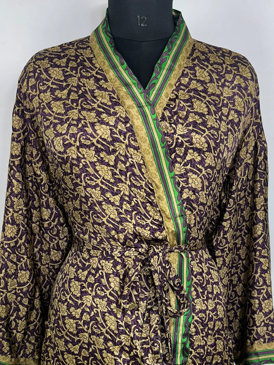 Recycle Silk Sari Women Kimono | Boho Chic Robe House | Beach Cover Up Vintage Bridesmaid Lounge Dressing Gown l Resort Wear Gypsy Nightwear