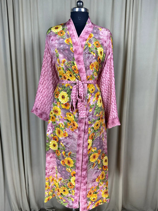 Recycle Silk Sari Women Kimono | Boho Chic Beach Cover Up Vintage Lounge Dressing Robe l Resort Wear Regal Gypsy House Robe | Pink Floral