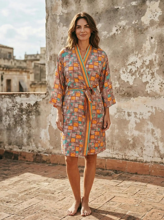 Vintage Silk Sari Boho Kimono, Luxury Loungewear House Robe Flowy Gown Regal Geometric Romance Duster Beach CoverUp Bridesmaid Dressing Gown