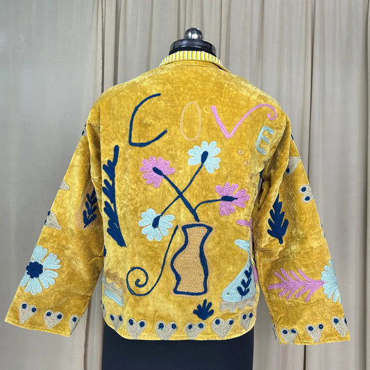 Boho Hand Embroidered Velvet Suzani Jacket Yellow Floral Open Front Coat Winter Wear Free Size Robe Retro Chic Free Size Robe Blazer for Her