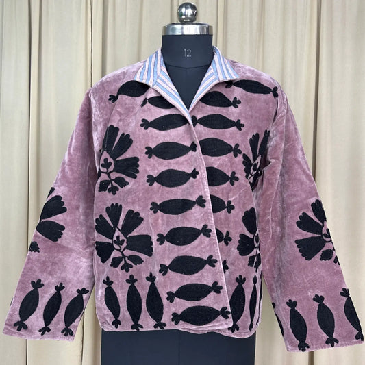 Boho Hand Embroidered Velvet Suzani Jacket, Dusty Grape Floral Open Front Coat Winter Wear Robe Retro Chic Free Size Robe Blazer for Her