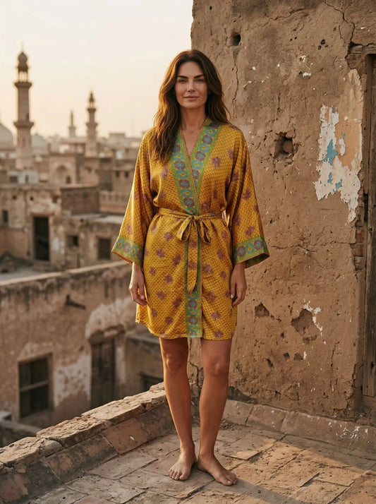 Vintage Silk Sari Boho Kimono | Luxury Loungewear House Robe Flowy Gown, Regal Floral Romance Duster Beach CoverUp, Bridesmaid Dressing Gown