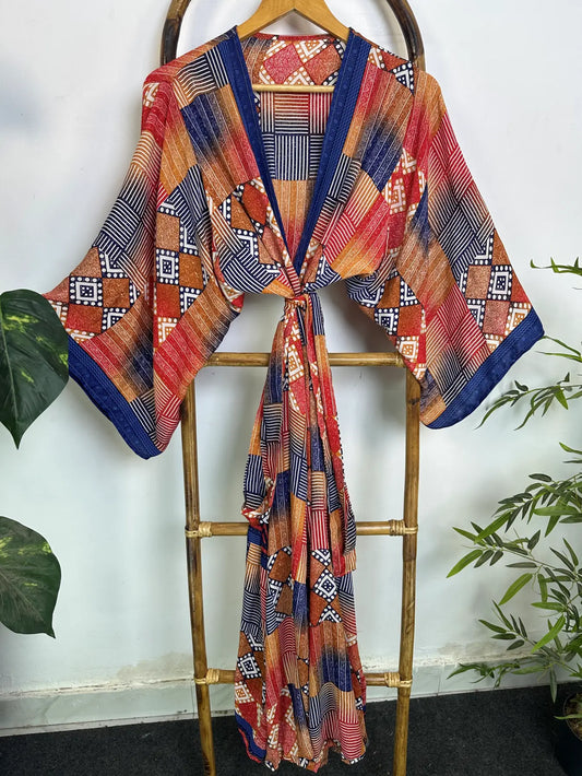 Upcycle Boho Silk Long Women kimono, Boho Chic Robe House Beach Cover Up Vintage Bridesmaid Lounge Dressing Gown Resort Wear Gypsy Nightwear