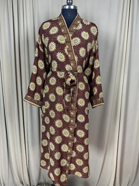 Recycle Silk Sari Women Kimono | Boho Chic Beach Cover Up Vintage Lounge Dressing Robe l Resort Wear Regal Gypsy House Robe | Brown Floral