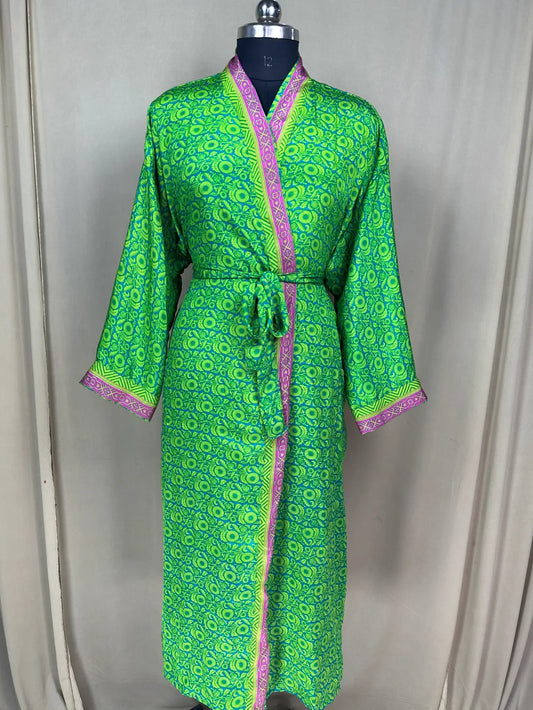 Recycle Silk Sari Women Kimono | Boho Chic Robe House, Beach Cover Up Vintage Bridesmaid Lounge Dressing Gown l Resort Wear Gypsy Nightwear