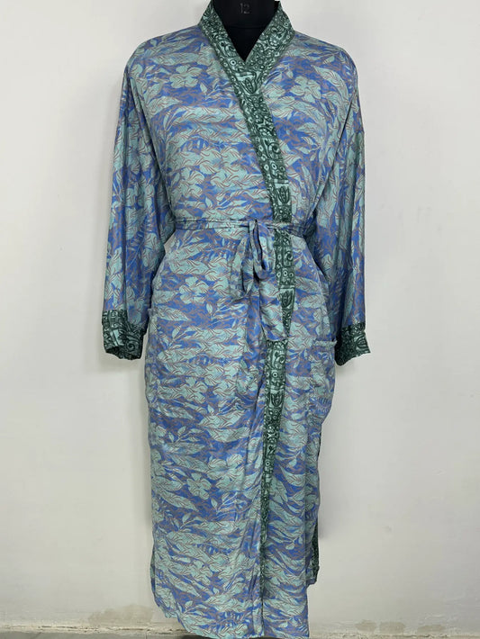 Recycle Silk Sari Women Kimono | Boho Chic Robe House | Beach Cover Up Vintage Bridesmaid Lounge Dressing Gown l Resort Wear Gypsy Nightwear
