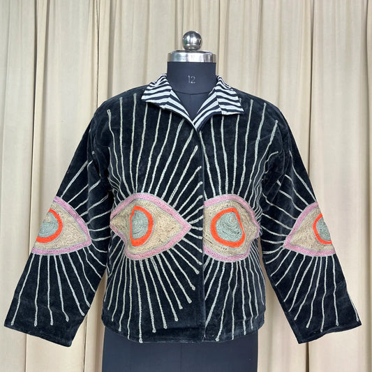 Boho Hand Embroidered Velvet Suzani Jacket | Black Geometric Open Front Coat Winter Wear Free Size Retro Chic Free Size Robe Blazer for Her