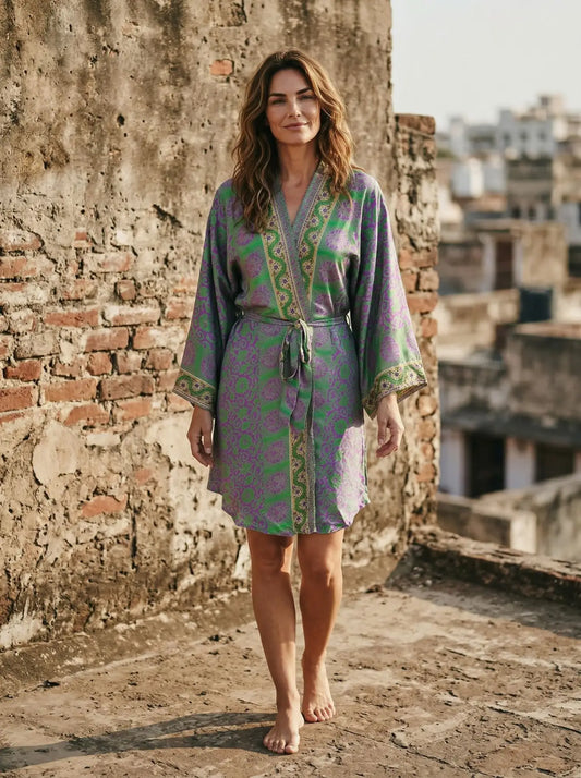 Vintage Silk Sari Boho Kimono | Luxury Loungewear House Robe Flowy Gown, Regal Floral Romance Duster Beach CoverUp, Bridesmaid Dressing Gown