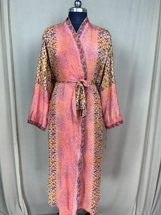 Recycle Silk Sari Women Kimono | Boho Chic Robe House, Beach Cover Up Vintage Bridesmaid Lounge Dressing Gown l Resort Wear Gypsy Nightwear