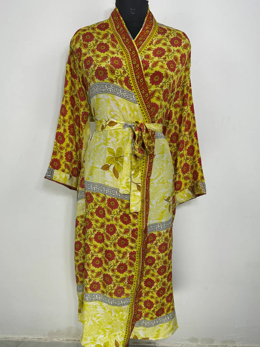 Recycle Silk Sari Women Kimono | Boho Chic Robe House | Beach Cover Up Vintage Bridesmaid Lounge Dressing Gown l Resort Wear Gypsy Nightwear
