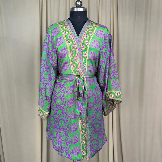Vintage Silk Sari Boho Kimono | Luxury Loungewear House Robe Flowy Gown, Regal Floral Romance Duster Beach CoverUp, Bridesmaid Dressing Gown