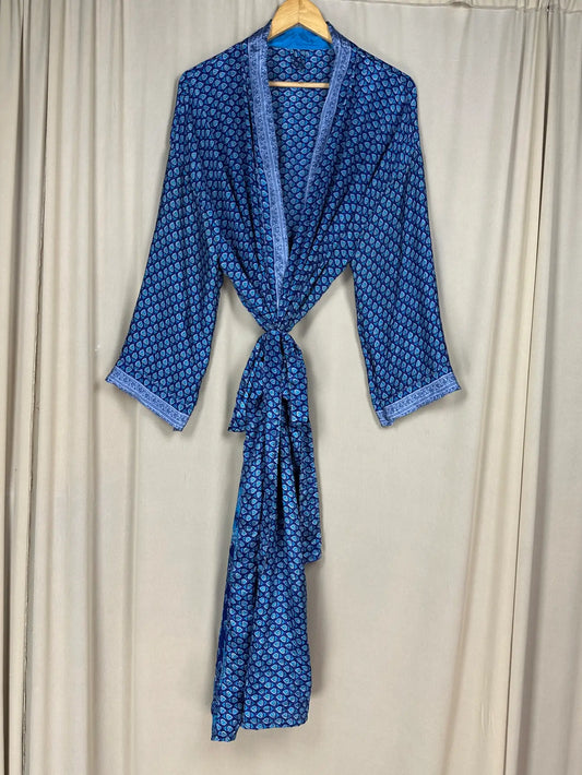 Recycle Silk Sari Women Kimono | Boho Chic Beach Cover Up Vintage Lounge Dressing Robe l Resort Wear Regal Gypsy House Robe | Blue Floral