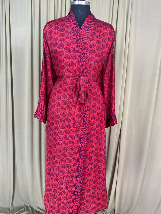 Recycle Silk Sari Women Kimono | Boho Chic Beach Cover Up Vintage Lounge Dressing Robe l Resort Wear Regal Gypsy House Robe | Red Floral