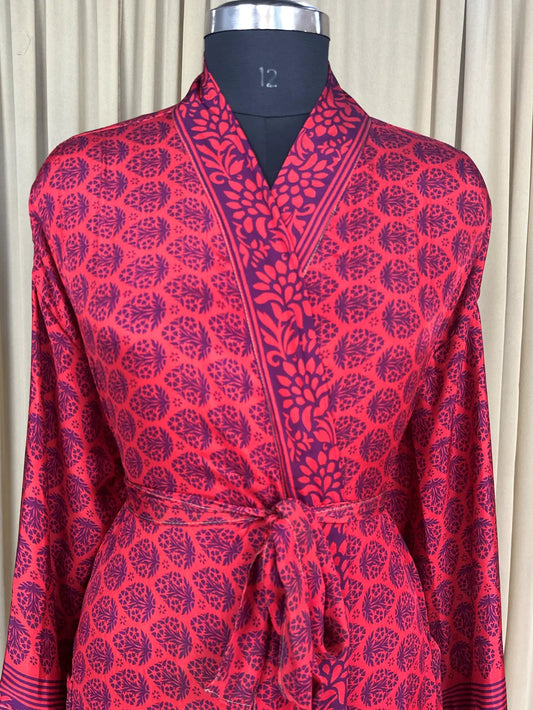 Recycle Silk Sari Women Kimono | Boho Chic Beach Cover Up Vintage Lounge Dressing Robe l Resort Wear Regal Gypsy House Robe | Red Floral