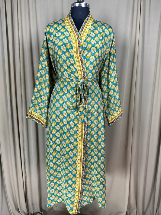 Recycle Silk Sari Women Kimono | Boho Chic Beach Cover Up Vintage Lounge Dressing Robe l Resort Wear Regal Gypsy House Robe | Blue Floral