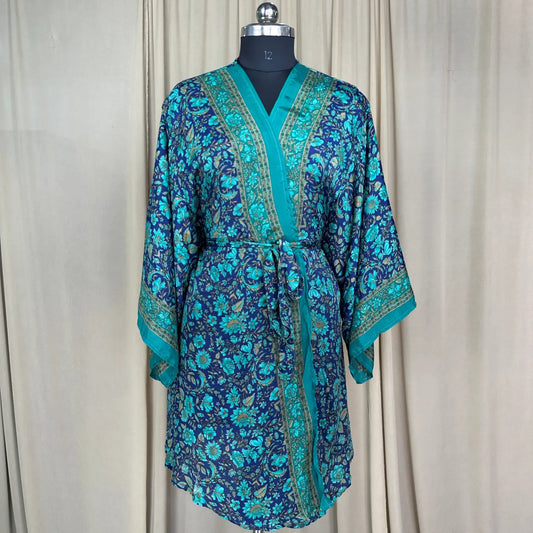 Vintage Silk Sari Boho Kimono | Luxury Loungewear House Robe Flowy Gown, Regal Floral Romance Duster Beach CoverUp, Bridesmaid Dressing Gown