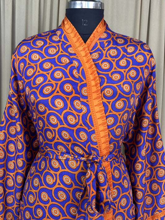 Recycle Silk Sari Women Kimono | Boho Chic Beach Cover Up Vintage Lounge Dressing Robe l Resort Wear Regal Gypsy House Robe Purple Geometric