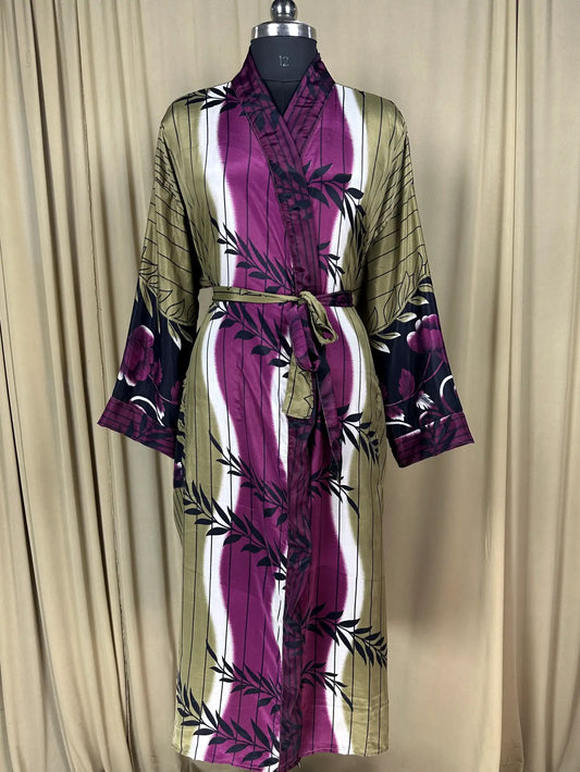 Recycle Silk Sari Women Kimono | Boho Chic Beach Cover Up Vintage Lounge Dressing Robe l Resort Wear Regal Gypsy House Robe | Purple Floral